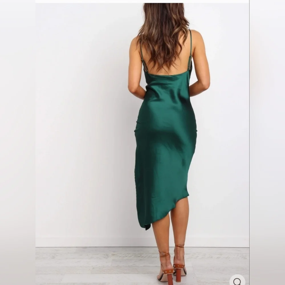 Petal & Pup Emerald Satin Asymmetrical Slip Dress - Picture 4 of 8